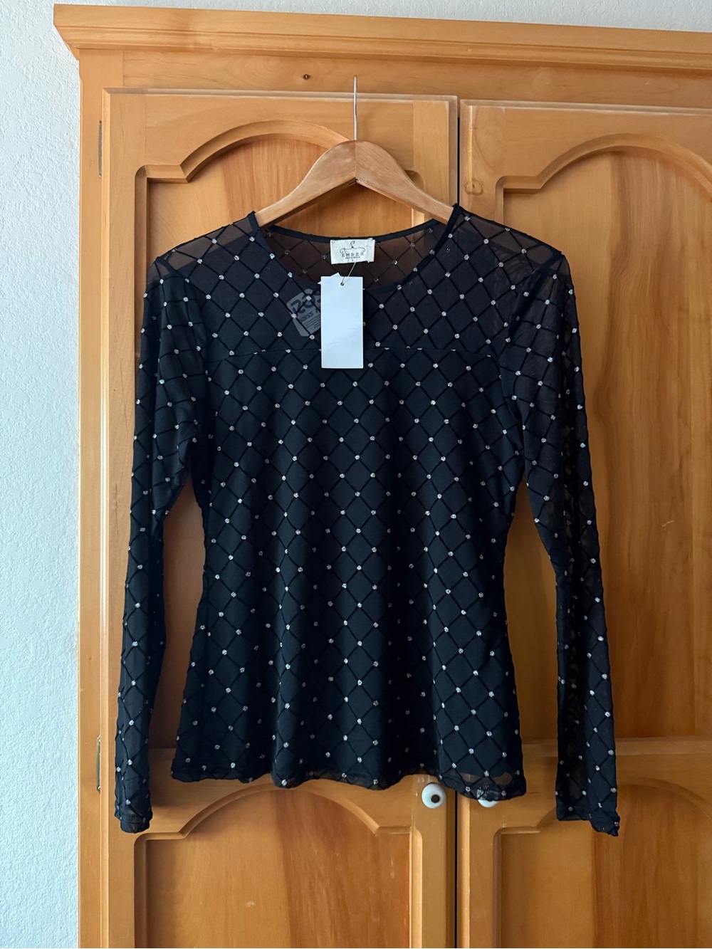 Sheer Black Diamond-Embellished Long Sleeve Top